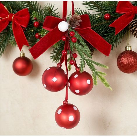 Ornement suspendu 3 boules de Noël rouges à pois blancs 17 cm, décoration de sapin style rétro avec nœud rouge (1/3)