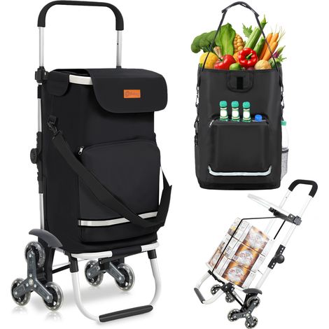 Sekey Chariot de courses pliable 3-en-1 – aluminium – sac étanche avec compartiment isotherme – 6 roues monte-escalier – noir (1/5)