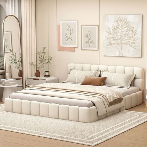Cama 140x190 cm - Cabecero acolchado - con somier de lamas, tejido de lino, sin colchón, beige