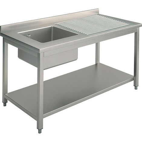 Plonge avec 1 bac e égouttoir à droite sur piètement avec étagère inférieure, 1400x700 mm - VIRTUS