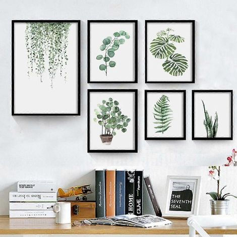 Affiche murale sur toile « Feuilles vertes », style aquarelle simple et vital, idéale pour la décoration du salon, de la chambre ou du bureau (lot de 6 sans cadre, 21 cm x 21 cm). (1/5)
