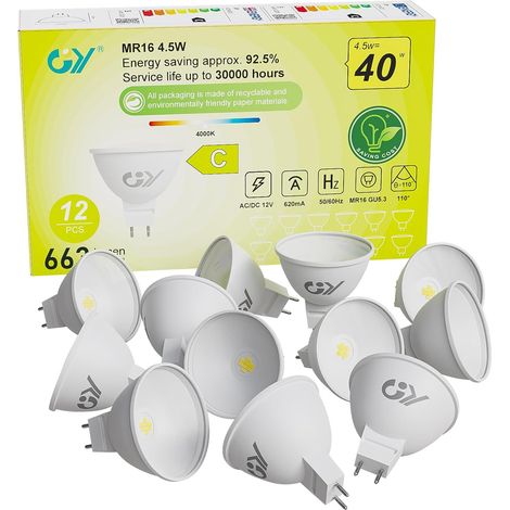 Ampoule LED GU5.3 MR16, 4.5W Équivalent 40W 663LM 4000K Blanc Neutre, Angle de Faisceau 120°, Ampoules LED 12V Classe C, Non-Dimmable, Lot de 12 (1/5)
