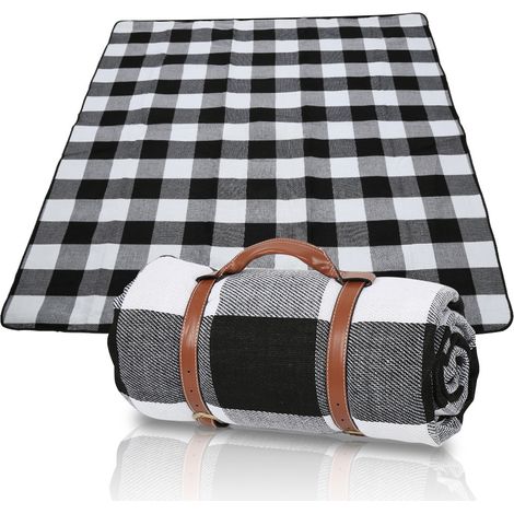 Randaco Picknickdecke Wasserdicht 200x200 cm XXL Outdoor Campingdecke Faltbar mit Tragegriff Blau-Weiß Karo