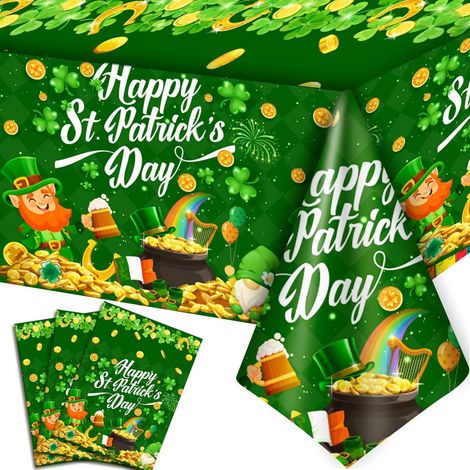 3er Set St. Patrick's Day Tischdecke, Irland Grün, Kleeblatt & Goldmünzen Design