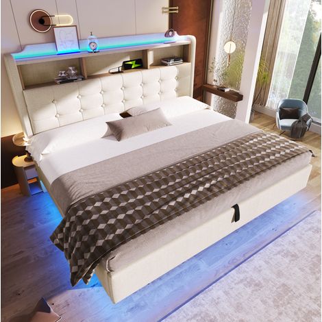 letto matrimoniale contenitore LED 180x200 beige OKMYHOME (1/5)