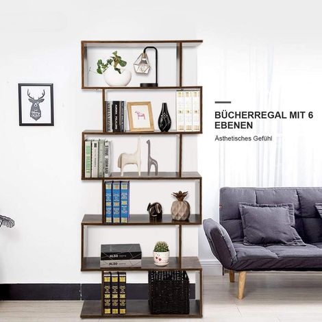 COSTWAY Bücherregal Holz, Standregal mit 6 Ebenen, Aktenregal für Pflanzen & Bücher, Wandregal inkl. Befestigungsmaterial, Aufbewahrungsregal S-Form, Büroregal braun (1/5)