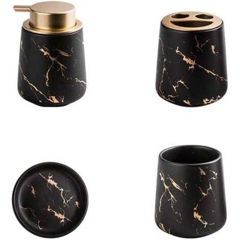 Ensemble de 4 accessoires de salle de bain en céramique marbrée - Distributeur de savon, porte-brosse à dents, gobelet, porte-savon - Noir mat (1/4)
