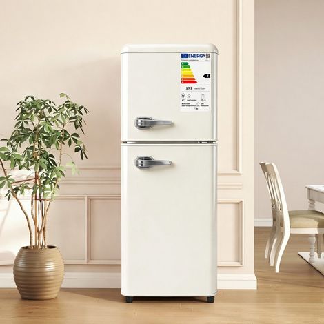 Réfrigérateur Congélateur 112 L Double Porte avec LED et Température Réglable, Étagères Ajustables, Crème