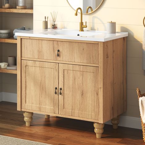 Meuble sous vasque 81x47x86 cm - grand rangement - mdf - mobilier fonctionnel - vasque intégrée - rangement sous lavabo - bois naturel (1/5)