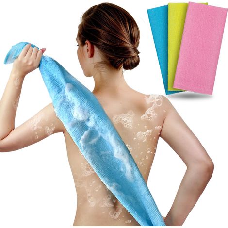 Ensemble de 3 serviettes de bain - serviettes de bain - drap de bain - serviette de bain exfoliante - pour gommage corporel - 90 x 30 cm - Bleu/Jaune/Rose (1/5)