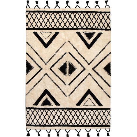Tapis Berbère en Coton 160 x 230 cm - Style Ethnique Chic à Motifs Géométriques et Pompons - PANGIVO (1/5)