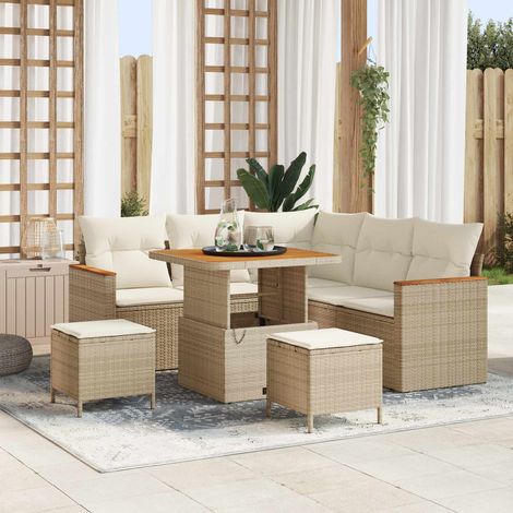 Salon de jardin 8 pièces en polyrotin beige, modulable, avec table et repose-pieds - PANGIVO (1/5)