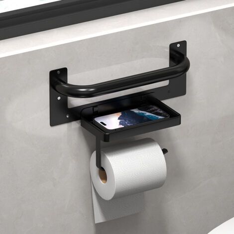 Porte-papier toilette mural en métal 3 en 1 avec étagère et poignée : le porte-rouleau de papier toilette noir sert également de barre d’appui. (1/4)