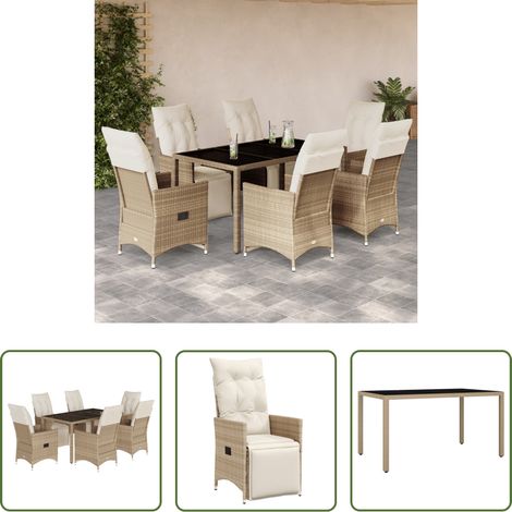 vidaXL Relaxsessel - 7-tlg. Garten-Bistro-Set mit Kissen Beige Poly Rattan (1/5)