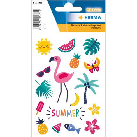 HERMA 15461 Aufkleber mit kleinen und großen Flamingos, Packung mit 15 Sommeraufklebern mit Motiven wie Palmen, Sonne, Wassermelone und Eis, Kinderaufkleber für Fotoalben, Tagebücher, Alben