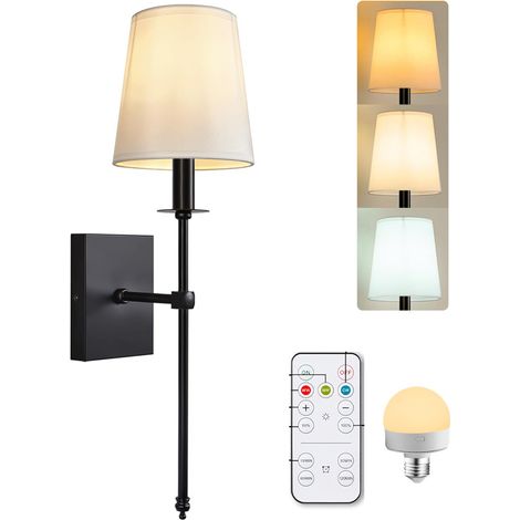 Lampe murale rechargeable avec télécommande — 3 tonalités réglables, abat-jour en tissu blanc, culot E27 — Chambre, salon (1/5)