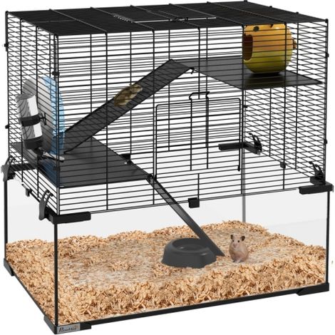 3-Tier Hamster Cage with Deep Glass Base,Non-Slip Ramps,Platforms,Exercise Wheel & Accessories for Syrian and Dwarf Hamsters,60x40x54.5cm (1/5)