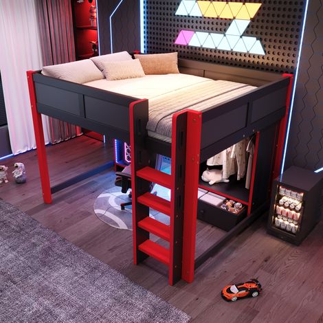 Letto rialzato bambini 140x200 cm con LED, scrivania, armadio, ripiani, cassetto e scala, in pino nero e rosso, materasso non incluso (1/5)