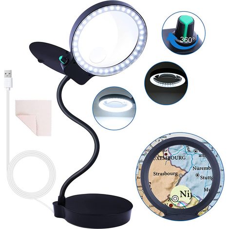 Loupe avec 33 LED, grossissement 2x 13x, alimentée par USB