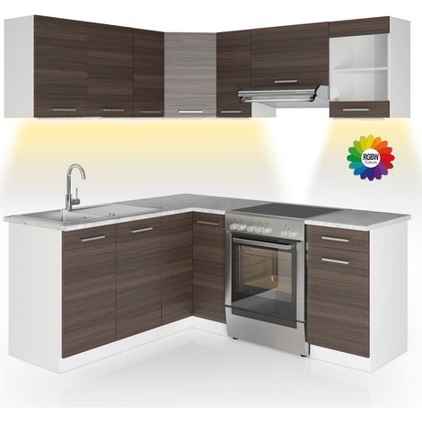 Cucina ad angolo Rick, Bianco/grigio prezioso, 187 x 167 cm , PL Marmo con striscia LED, Vicco