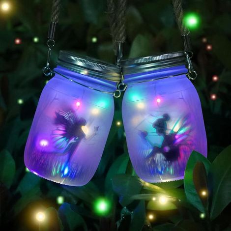 Lot de 2 lanternes solaires pour extérieur, fée de papillon dans un bocal Mason, lampe de jardin solaire LED étanche à suspendre (couleur) (1/5)