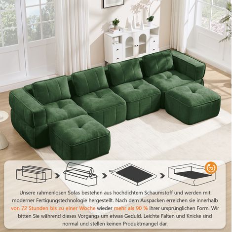 Divano modulare a U 4 posti 344x162x67 cm con 2 pouf, schiuma 32D, tessuto poliestere verde (1/5)