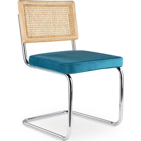 Esszimmerstuhl - gepolstert in Samt - Holz und Rattan - Martha Turquoise
