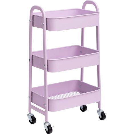Chariot de Rangement Métal Chariot à roulettes 3 Niveaux Chariots Cuisine Chariots de Service Roulant pour Chambre Salle de Bain Bureau, Violet Clair (1/5)
