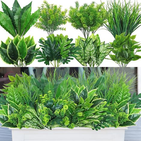 Lot de 18 Plante Artificielle Exterieur Arbustes Verts Artificiels Plante Herbes Artificielles Extérieur Décorative Plante pour Porche Terrasse Jardin Fenêtre (1/5)