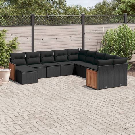 Ensemble Salon Jardin 11 Pièces Noir Résine Tressée avec Coussins - Canapé d'Angle, Siège Central et Repose-Pieds - Meuble Extérieur Modulaire (1/5)