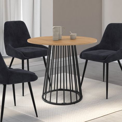 Mesa de comedor redonda YUNA para 4 personas con tablero de madera y pata de alambre de metal negro 80 cm