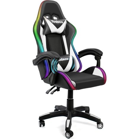 Todeco – Chaise gaming massage avec lumière LED – Dossier haut et réglable – Appui-tête et support lombaire – Cuir PVC – Charge max 150 kg