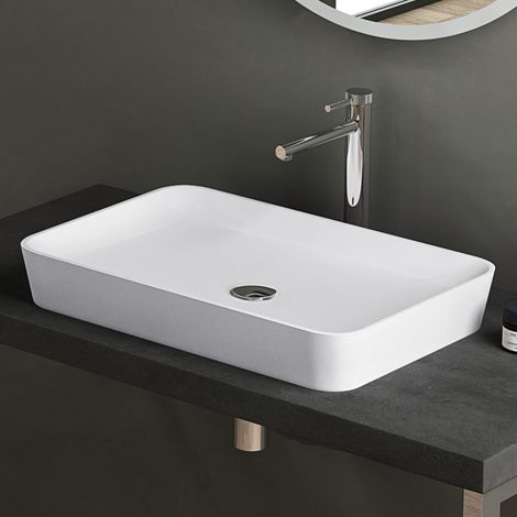 Doporro – Vasque à poser blanche mat 59,5cm – Fonte minérale solid surface – Dimensions 59,5x39,5x9cm – Lave-main sans trop plein - Colossum815
