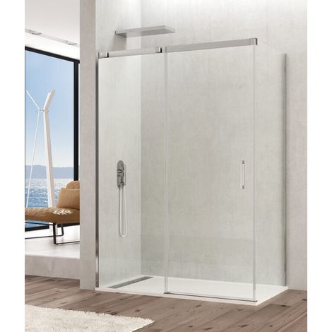 Paroi de douche d’angle TEMPLE avec porte coulissante et panneau latéral fixe, 110x80 cm, verre transparent, profil chromé brillant (1/5)