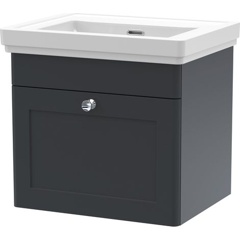 Nuie Classique Wall Hung 1-Drawer Vanity Unit with Basin 500mm Wide Satin Anthracite - 0 Tap Hole