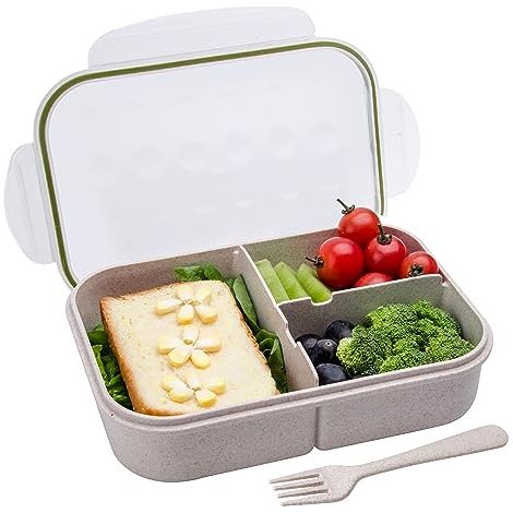 Boîte À Repas 3 Compartiments - En Paille De Blé - Étanche - Micro-ondes Et Lave-vaisselle Acceptés - Pour Enfants Et Adultes - 5,5 Tasses - Blanc (1/5)