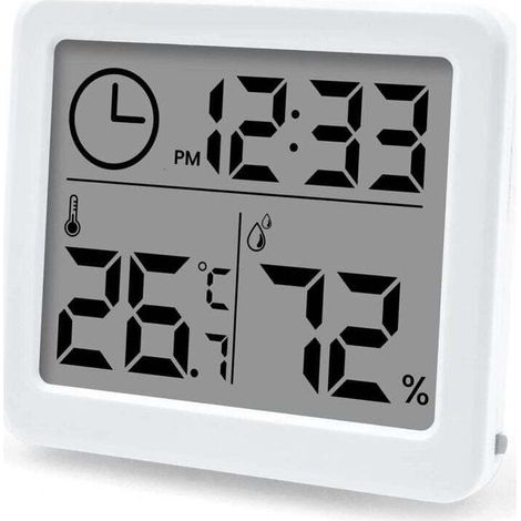 Thermomètre hygromètre LCD haute précision avec humidité intérieure, heure et thermomètre pour bureau et serre (batterie incluse) (1/4)