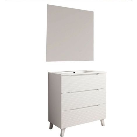 Kibath Mueble de baño con Lavabo, Espejo y Aplique LED BOREAL 100x45 cm acabado BLANCO mate 3 cajones con patas (1/5)