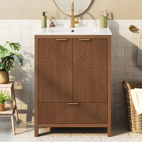 MODFU – Mobile sotto lavabo 61x47 cm in MDF/ceramica con lavabo, 2 ante, cassetto, chiusura ammortizzata e carico 70 kg – Noce (1/5)