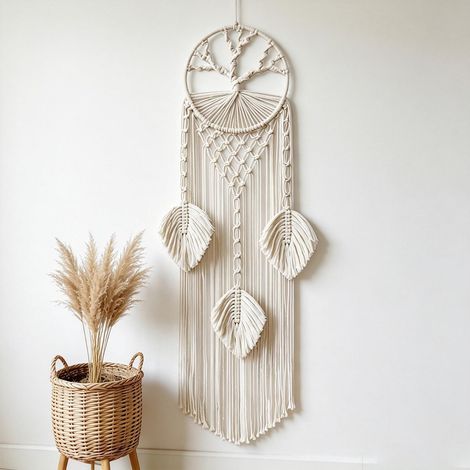 Großer Makramee-Traumfänger „Lebensbaum“ im Boho-Stil mit Federblatt-Motiv, ideal für Eingangsbereiche, Wohnzimmer, Schlafzimmer, Kinderzimmer und Cafés, beige (1/5)