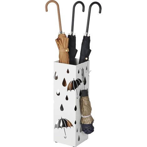 SONGMICS Porta Ombrelli in Metallo, Contenitore per Ombrelli con Vaschetta Scolapioggia e 4 Gancetti, 15,5 x 15,5 x 49 cm, Bianco LUC49W (1/7)