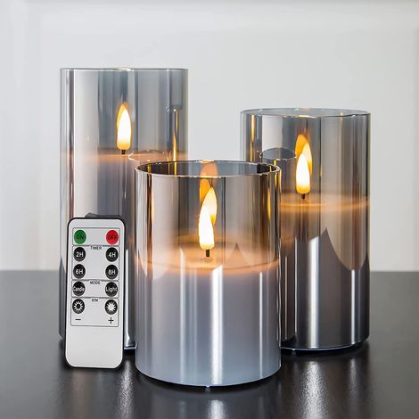 Silbergraue, flammenlose, flackernde Kerzen aus Glas mit Fernbedienung, 3er-Pack realistische künstliche LED-Kerzen ∅ 3" H 4" 5" 6" (1/5)