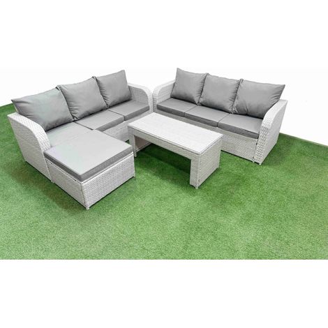 Fimous Outdoor Garden Furniture Sets 7 Seater Wicker Rattan Furniture Sofa Sets with Oblong Coffee Table high Back Lounge Sofa Big Footstool Light Grey (1/4)