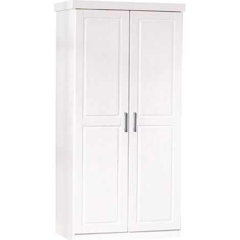 Pegane – Armoire blanche 2 portes – Dimensions 95,2 x 55 x 190 cm – En pin massif avec partie penderie et lingerie – Finitions contemporaines
