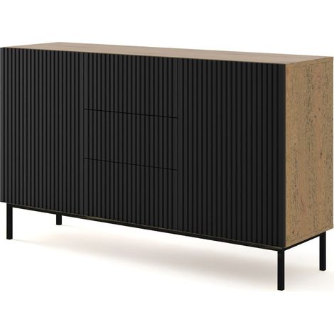 Commode de rangement Meuble Couleur Chêne Artisan Mat 150x42x89 RAVI B FILET 2D3S Pied Cadré Noir (1/3)