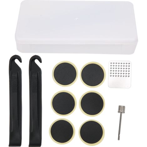 Kit de réparation pneu vélo - Outil rustine pneu, démonte-pneu, patch caoutchouc, râpe, aiguille gaz. (1/5)