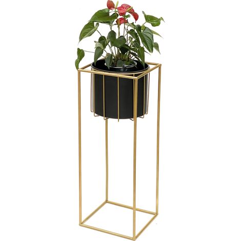 DanDiBo Blumenhocker mit Topf Metall Gold Schwarz Eckig L 70 cm Blumenständer 96035 Blumensäule Modern Pflanzenständer Pflanzenhocker
