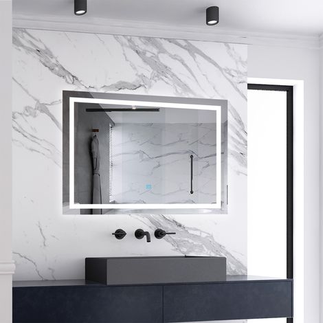 Miroir de salle de bain lumineux L.80 x H.60 cm avec Anti-Buée + 3 Couleurs + Dimmable, Miroir LED Mural