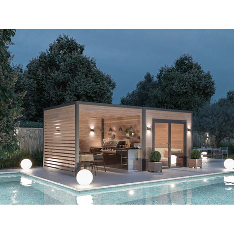 Poolhouse 17,5m² en bois douglas 55mm – Toiture acier – Baie vitrée aluminium – Fabrication locale Auvergne-Rhône-Alpes – Monnet Seve