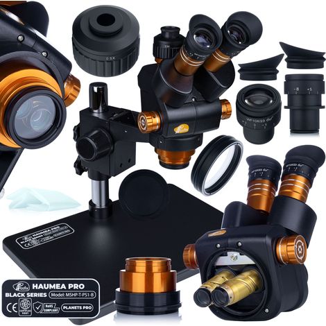 HAUMEA PRO BLACK SERIES MSHP-T-PS1-B – Trinokulares Stereo-Mikroskop 6,5–58x  C-Mount 0,5x Set  Metallbasis 38x26 cm